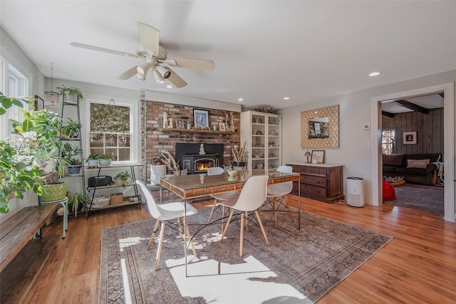 dining room featuring plenty of natural light, ceiling fan, wood finished floors, and recessed lighting