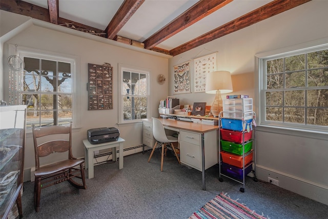 carpeted home office with beamed ceiling