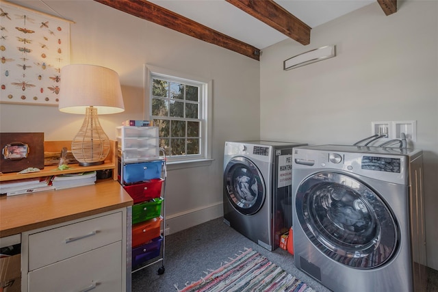 laundry room with separate washer and dryer, dark carpet, cabinet space, and baseboards