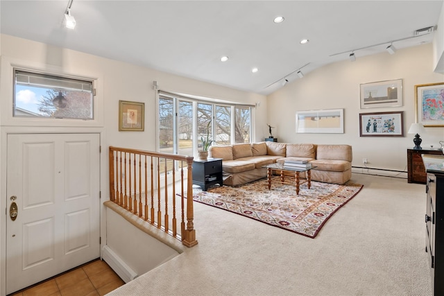 carpeted living area featuring a baseboard radiator, rail lighting, tile patterned flooring, vaulted ceiling, and recessed lighting