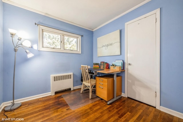 office featuring radiator heating unit, baseboards, dark wood-type flooring, and crown molding