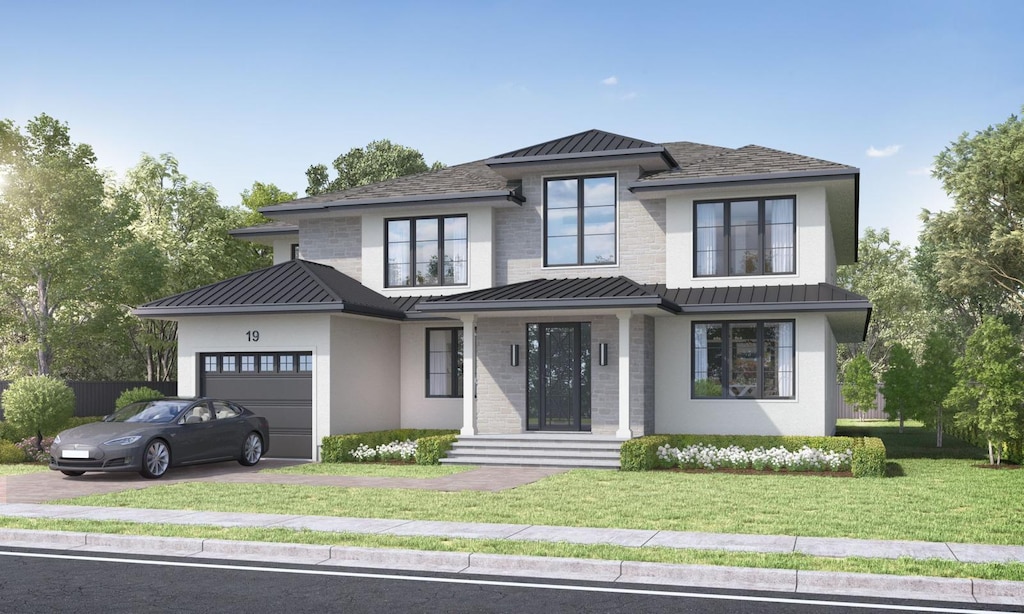 view of front of home featuring driveway, metal roof, an attached garage, a standing seam roof, and a front lawn