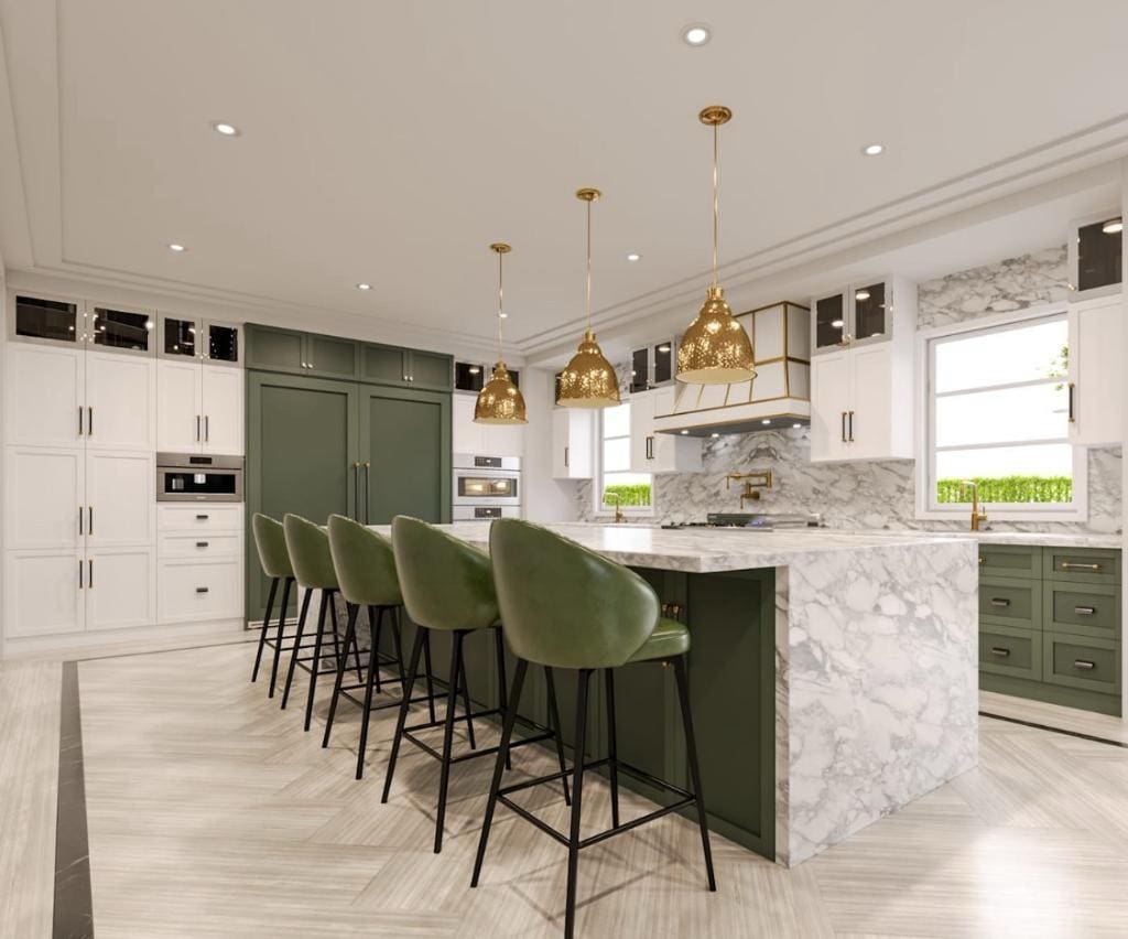 kitchen with white cabinets, a spacious island, white oven, green cabinets, and backsplash