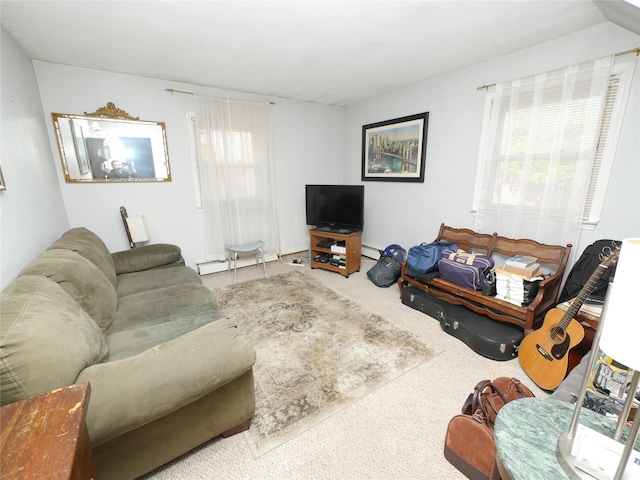 living area featuring carpet floors and baseboard heating