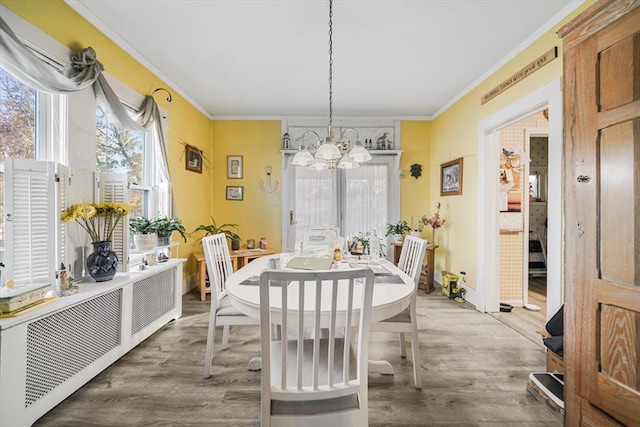 dining area featuring an inviting chandelier, wood finished floors, and crown molding