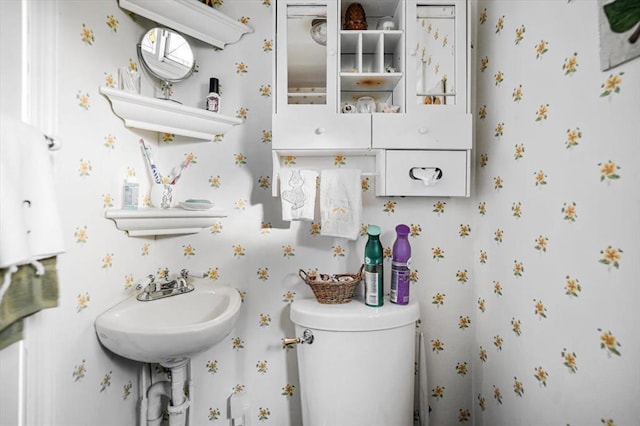 bathroom with a sink, toilet, and wallpapered walls