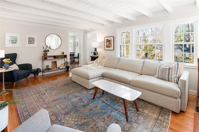 living area featuring a wealth of natural light, beam ceiling, and light wood finished floors