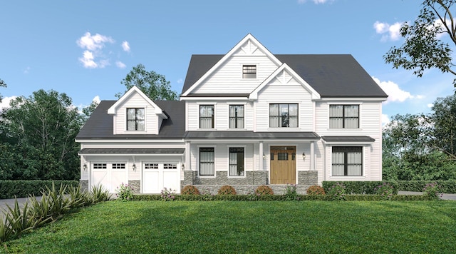 view of front of property with a garage, stone siding, a porch, and a front lawn