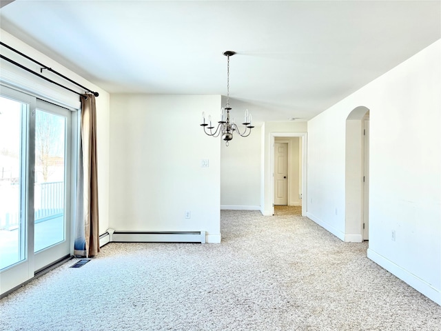 empty room with arched walkways, a baseboard radiator, light colored carpet, an inviting chandelier, and baseboards