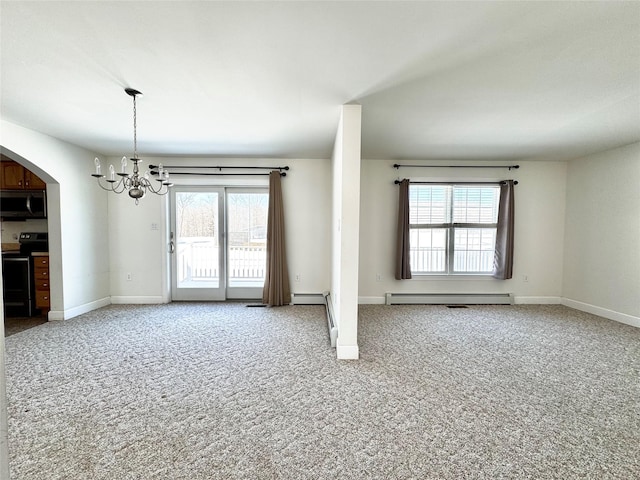 unfurnished living room with carpet floors, a baseboard radiator, arched walkways, and baseboards