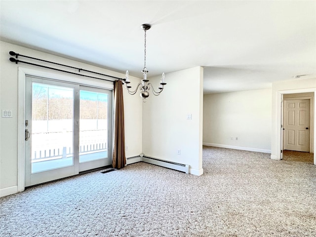 unfurnished room with carpet, a baseboard radiator, baseboards, and an inviting chandelier