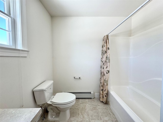 bathroom with toilet, a baseboard heating unit, shower / tub combo with curtain, and vanity