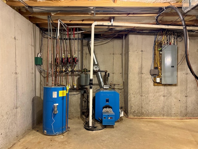 utilities with gas water heater, electric panel, and a heating unit