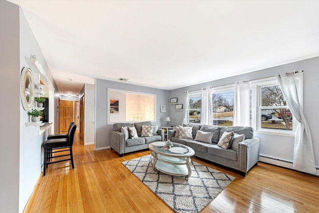 living room featuring light wood-type flooring, visible vents, and baseboards