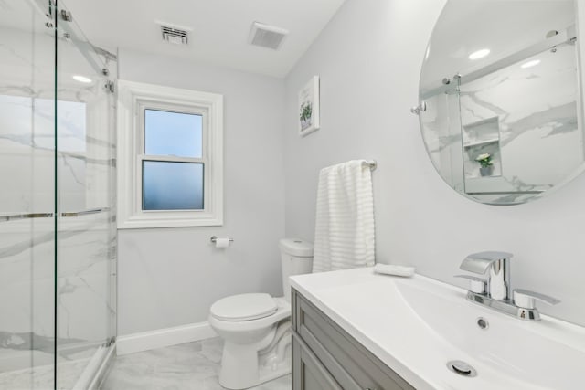 bathroom with marble finish floor, visible vents, toilet, and a marble finish shower