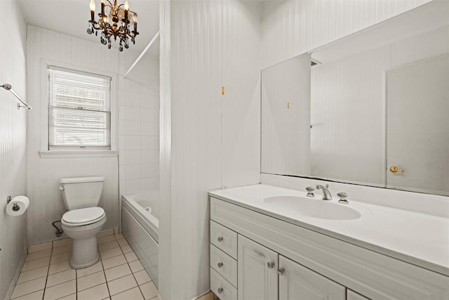 full bath featuring tile patterned flooring, toilet, bathtub / shower combination, a notable chandelier, and vanity