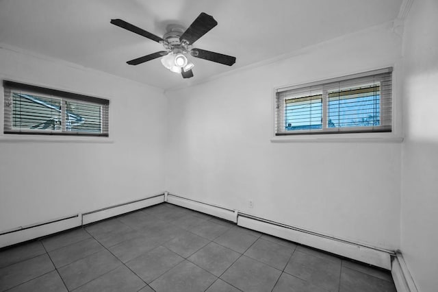 tiled empty room with ceiling fan