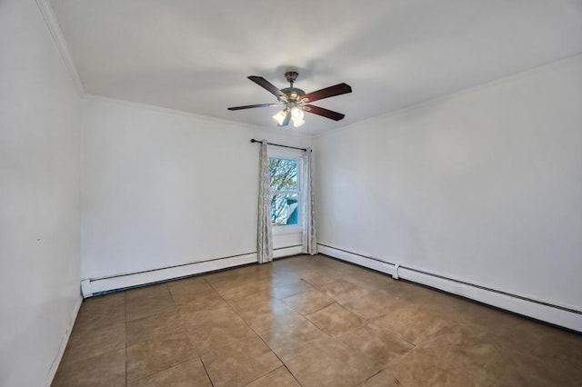 unfurnished room featuring ornamental molding, a baseboard radiator, ceiling fan, and light tile patterned floors