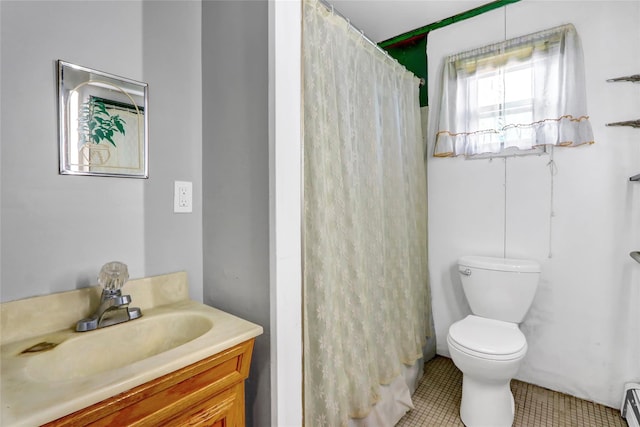 full bathroom featuring baseboard heating, a shower with shower curtain, toilet, vanity, and tile patterned floors