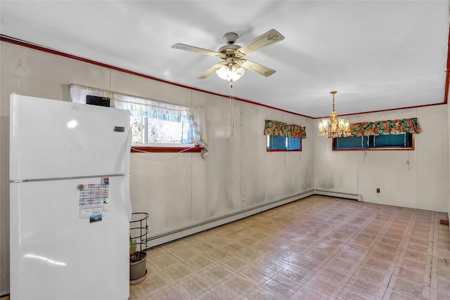 interior space with ceiling fan with notable chandelier, a baseboard radiator, and crown molding