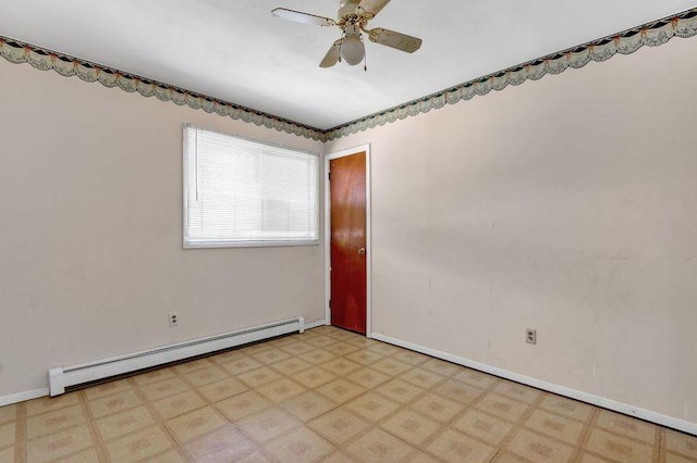 empty room featuring light floors, ceiling fan, baseboards, and baseboard heating