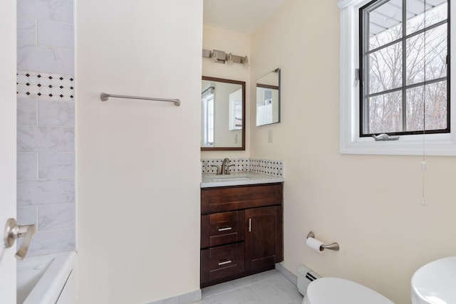 bathroom featuring baseboards, toilet, vanity, shower / bathtub combination, and a baseboard heating unit