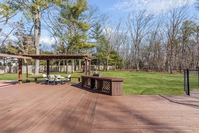 wooden deck with outdoor dining space, a pergola, a lawn, and fence