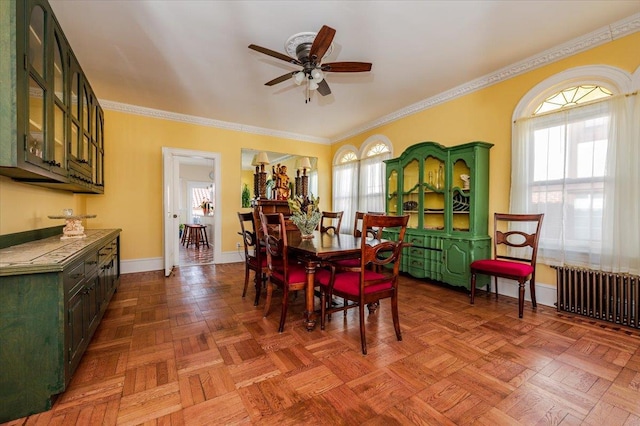 dining area featuring ornamental molding, a wealth of natural light, radiator, and baseboards