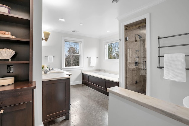 full bathroom featuring a garden tub, recessed lighting, visible vents, ornamental molding, and a stall shower