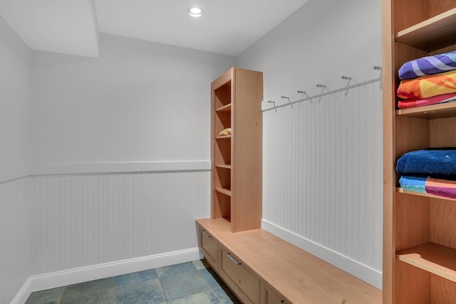 mudroom featuring wainscoting and recessed lighting