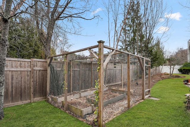 view of yard featuring a fenced backyard and a vegetable garden