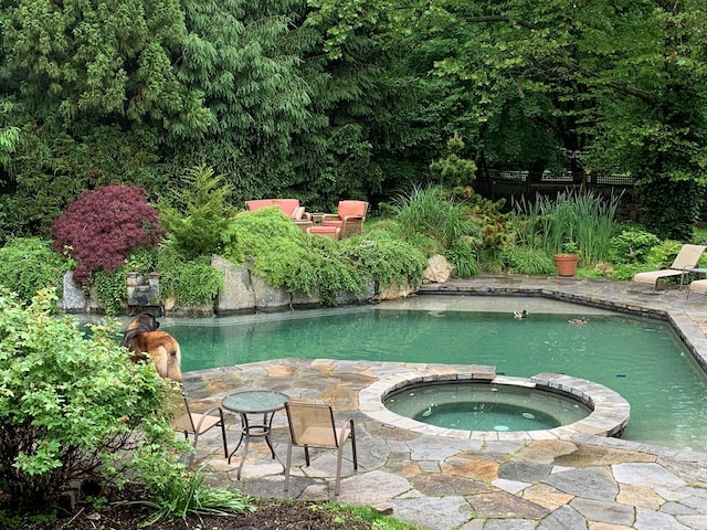 outdoor pool with an in ground hot tub and a patio area