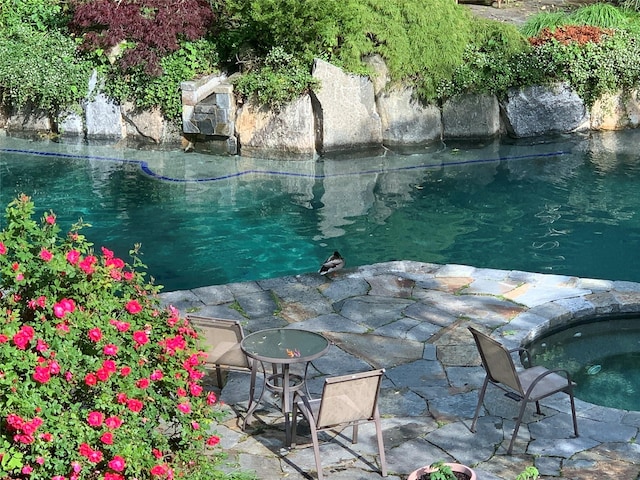 view of swimming pool featuring a patio area, a small pond, and an in ground hot tub