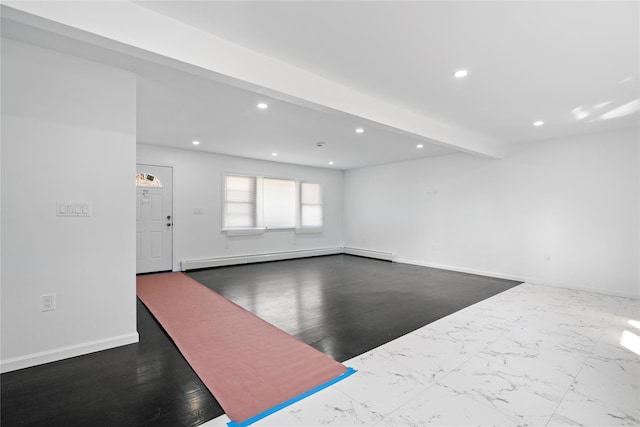 empty room featuring a baseboard radiator, baseboards, beamed ceiling, and recessed lighting