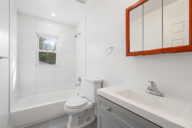 full bathroom with vanity, shower / tub combination, toilet, and recessed lighting