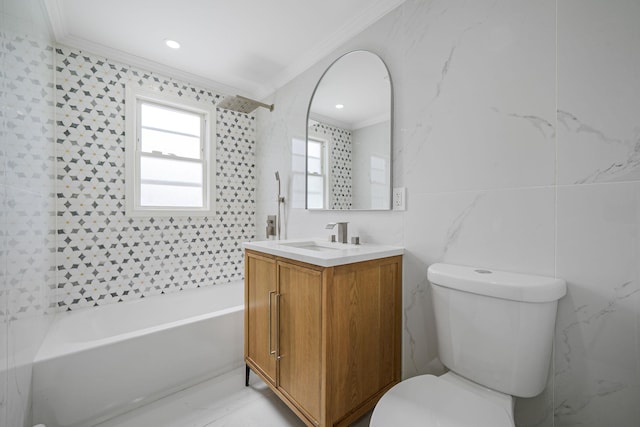 bathroom featuring crown molding, toilet, and tile walls