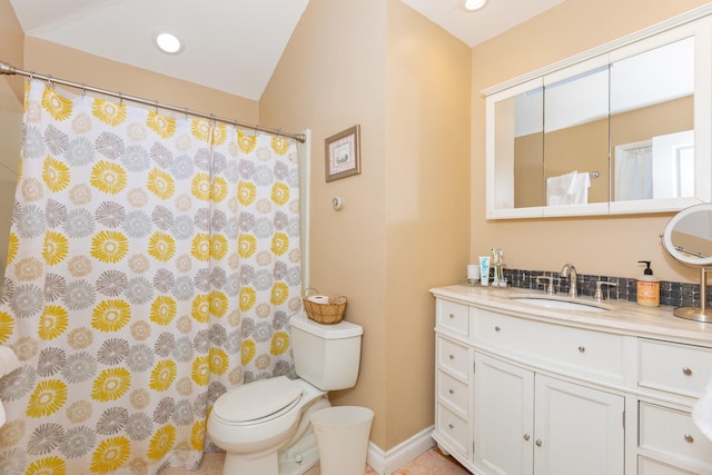 full bath featuring toilet, baseboards, vanity, and recessed lighting