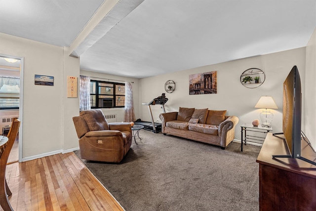 living area featuring radiator heating unit, baseboards, a healthy amount of sunlight, and hardwood / wood-style floors