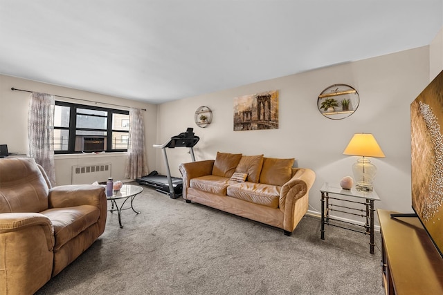 living area featuring carpet and radiator heating unit