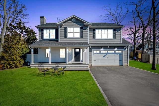 view of front of house with a garage, a porch, a lawn, and a chimney