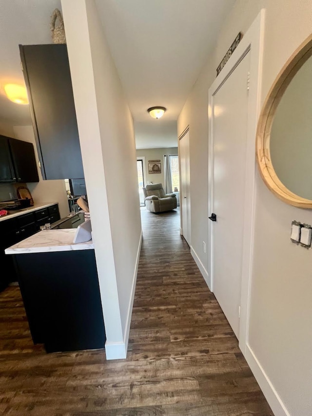 hall with a sink, baseboards, and dark wood-type flooring