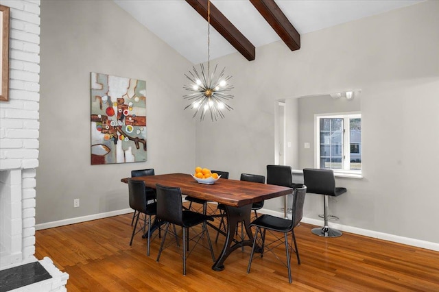 dining room with lofted ceiling with beams, baseboards, an inviting chandelier, and wood finished floors