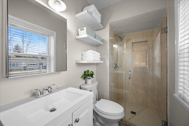 bathroom with vanity, toilet, and a stall shower