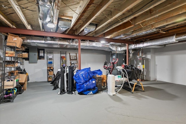 unfinished below grade area featuring electric panel and water heater