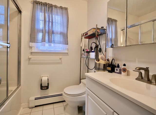 237 Berry Hill Rd, Syosset, NY 11791 - bathroom with vanity, toilet, tile patterned floors, combined bath / shower with glass door, and baseboard heating