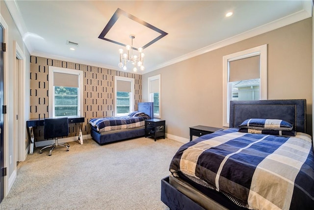 bedroom featuring a notable chandelier, visible vents, baseboards, carpet, and crown molding