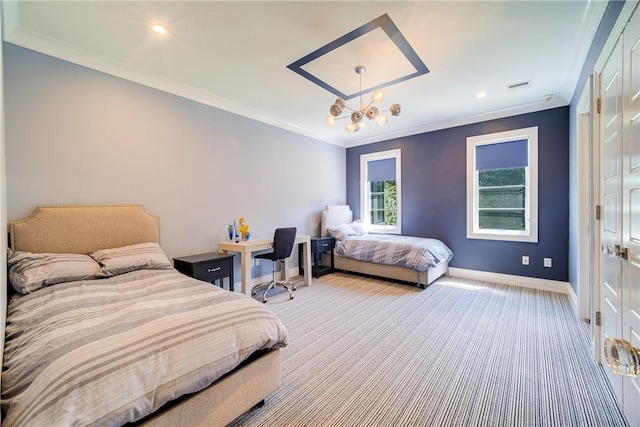 carpeted bedroom with a notable chandelier, baseboards, visible vents, and crown molding