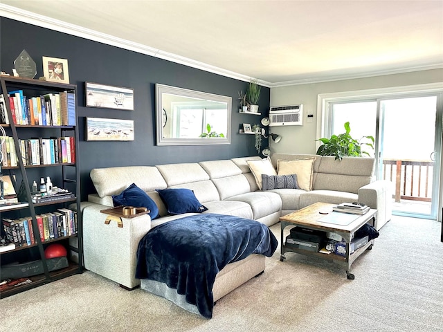 living area featuring carpet floors, ornamental molding, and a wall unit AC