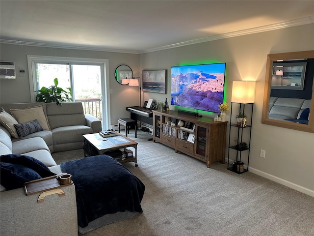 carpeted living room featuring ornamental molding, a wall unit AC, and baseboards