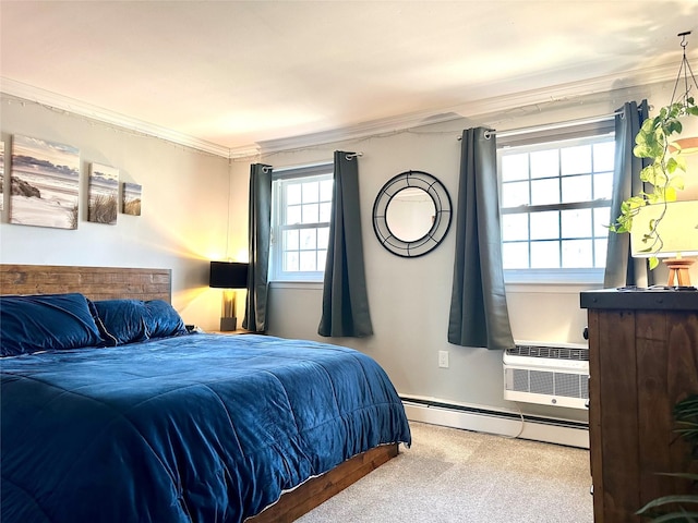 carpeted bedroom with a baseboard heating unit, a wall unit AC, and crown molding